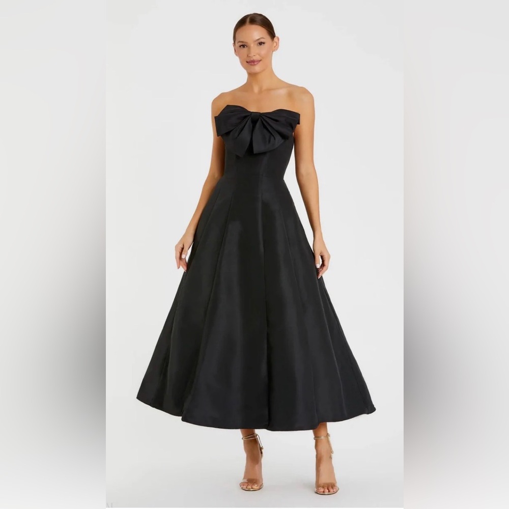 Black Strapless A-Line Tea Length Statement Bow Dress